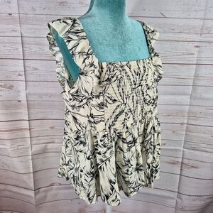 Rose + Olive Sz XL Babydoll Top Tropical Black Floral Sleeveless Smocked Blouse
